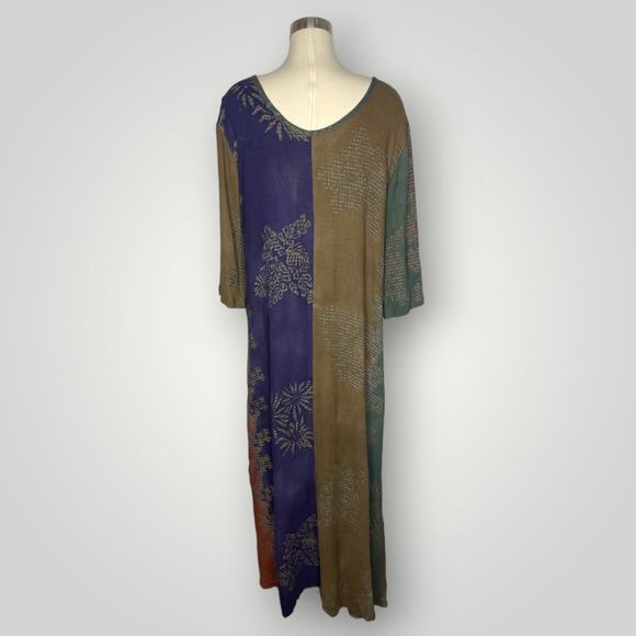 Vintage Y2k Globetrotter Maxi Dress Rayon Earth Tones Abstract Patterns Flowy L - Picture 4 of 6